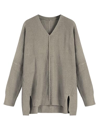 ZAFUL Women's Oversized Sweaters V Neck Long Sleeve Knit Pullover Batwing Drop Shoulder Split Tops Trendy Fall Outfits 2024
