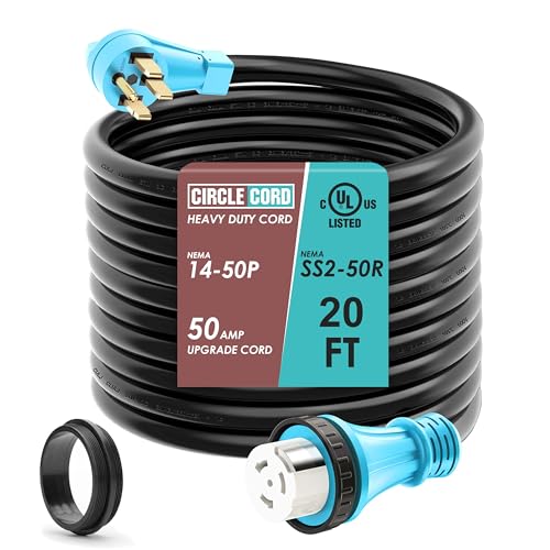 CircleCord UL Listed 50 Amp RV/Generator Cord with Locking Connector, Heavy Duty 6/3+8/1 Gauge STW Wire, 14-50P Male and SS2-50R Twist Locking Female for RV Camper and Generator to House (20 Feet)