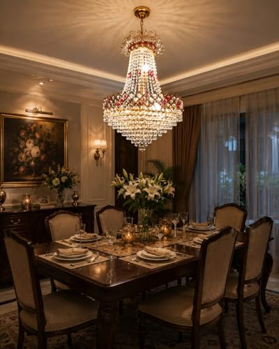 Image of SHRI MAHAL ANTIQUES 20W with LED Bulb Glass Decorative Metal Crystal Pendant Ceiling Lamp Chandelier, Bulbs Included (480mm, Golden)-AC