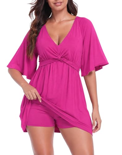 HDE Womens Skirted Romper Dress with Quick Slip Built-in Shorts V Neck Flutter Sleeve Summer Skort Dress Romper with Pockets Raspberry Purple - M