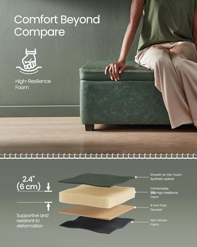 Image of VASAGLE EKHO Collection - Storage Ottoman Bench, Entryway Bedroom Bench, 25 Gallons, Synthetic Leather with Stitching, Mid-Century Modern, Safety Hinges, Loads 660 lb, Forest Green ULOM075C01
