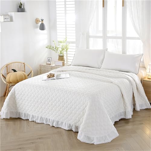 Highdi Couvre Lit, Matelassé Dessus de Lit Jeté De Canapé Confort et Douceur, Microfibre Plaid Canape Couleur Unie avec Dentelle, Couvertures pour Salon, Chambre à Coucher (Blanc,2 taies d'oreiller)