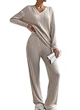 SHEWIN Pajamas for Women Set sweater Lounge Sets V-neck Knit Matching Loungewear Sleepwear Spring Outfits for Women 2026 Khaki XL