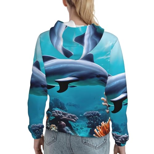 Sweat à capuche femme monde sous-marin pull ajusté imprimé dauphins polyvalent