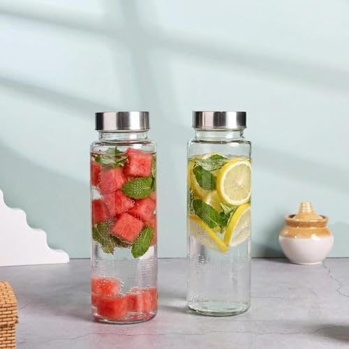 Image of CROCO JAR Wide Mouth Glass Water Bottle with Leak-Proof Airtight Double Layer Stainless Steel Lid for Water, Smoothie, Juices (500ML STEEL PK4)