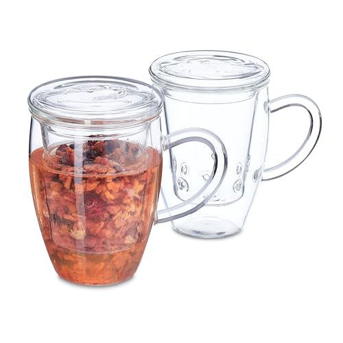 Relaxdays Teeglas, 2er Set, mit Siebeinsatz, Deckel & Henkel, Volumen 450 ml, Borosilikatglas, Teetasse, transparent