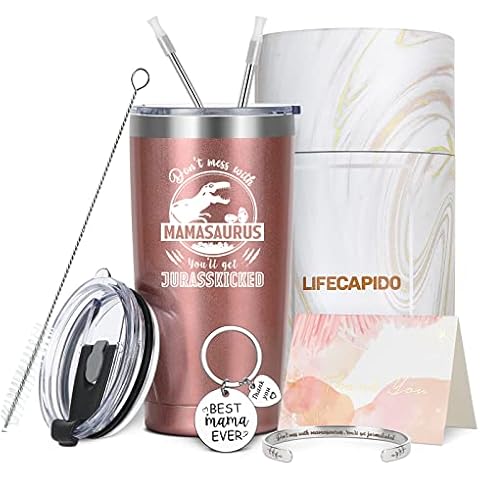Lifecapido Gifts for Mom - Don't Mess with Mama Saurus 20oz Tumbler, Mamasaurus Insulated Tumbler with Lids - Mom Gifts from Daughter Son for Birthday Christmas Mother's Day, Rose Gold Cover