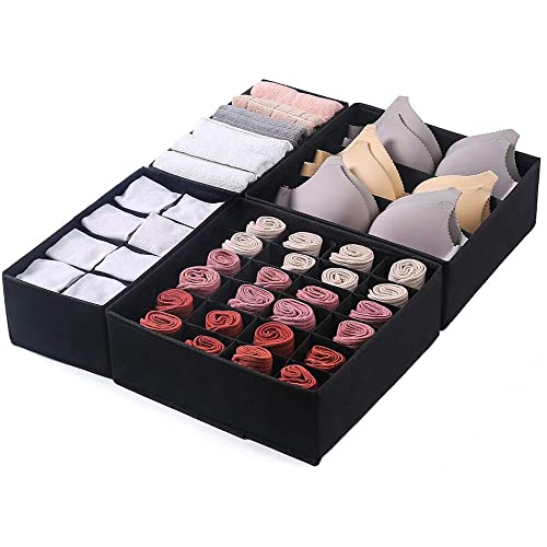 STORESLA 4 PCS Drawer Organizer Wardrobe Clothes Storage Organizer Box Underwear Bra Organiser Closet Drawer Divider for Skirts Socks Bras Panties & Scarf (BLACK)