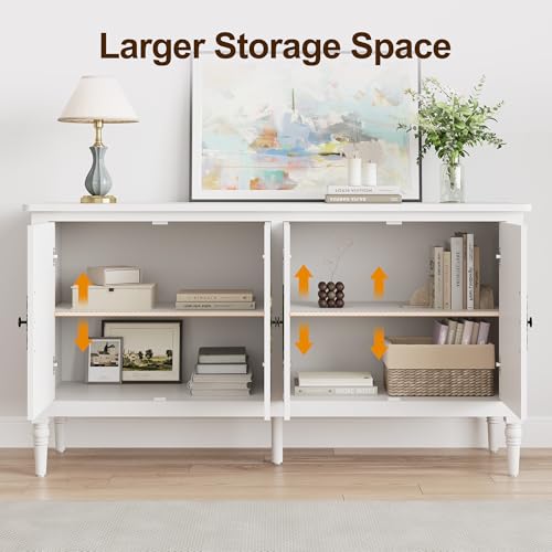 Image of FansaFurn 58'' Large Sideboard Buffet Cabinet with 4 Doors, Modern Credenza Buffet Table for Coffee Bar, Storage Cabinet for Dining Room Living Room, White