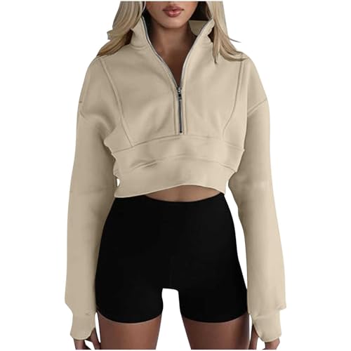 Keepink Womens Half Zip Jumpers Fleece Stand Collar Crop Sweatshirt with Thumb Hole Long Sleeve Quarter Zip Pullover Casual V Neck Sweater Loose Gym Workout Tops Ladies Hoodies
