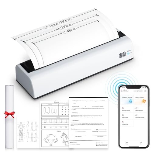 OFFNOVA Impresora portátil inalámbrica para viajes y oficina en casa, impresora térmica sin tinta, compatible con tamaño carta de Estados Unidos y A4, compatible con iPhone Android PC con 1 rollo de