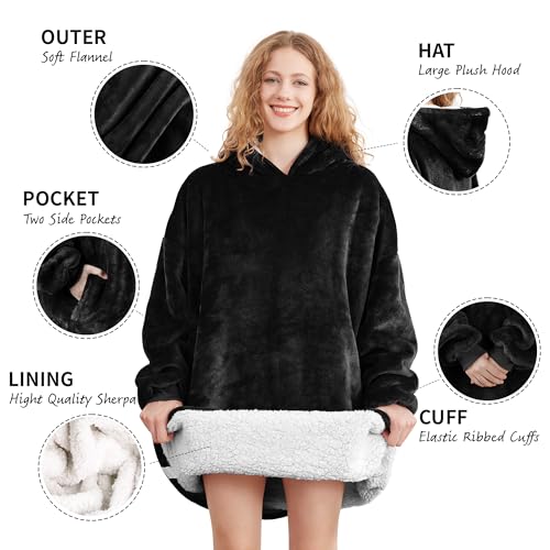AmyHomie Sherpa-Lined Wearable Blanket Hoodie — Oversized Black — view 4