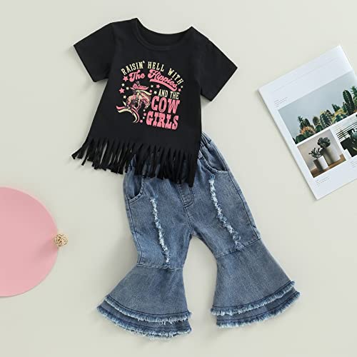 Toddler Baby Girl Clothes Short Sleeve Letter Print Top Shirt Bell Bottoms Jeans Pants Summer Outfits 2Pcs Set (Black,2-3T) #TOP1