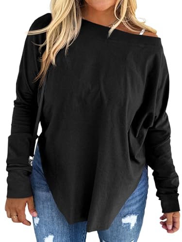 Beautife Women's Plus Size Tops Off Shoulder Long Sleeve Loose T Shirts Casual Curved Hem Tunics Tee Shirt Black