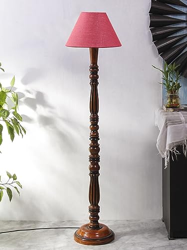 Image of Pink Jute Shade Wooden Floor Lamp with Wooden Base, Height - 53 Inches | Contemporary Standing Lamp for Living Room, Bedroom & Office | Elegant Lighting for Stylish Home Interiors