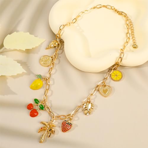 NEKOL Gold Charm Necklace for Women Hawaii Style Chain Necklace with Cute Dangle Coconut Tree Cherry Lemon Mango Strawberry Heart Fruit Bow Pendant Trendy Y2K Summer Beach Jewelry Gift3