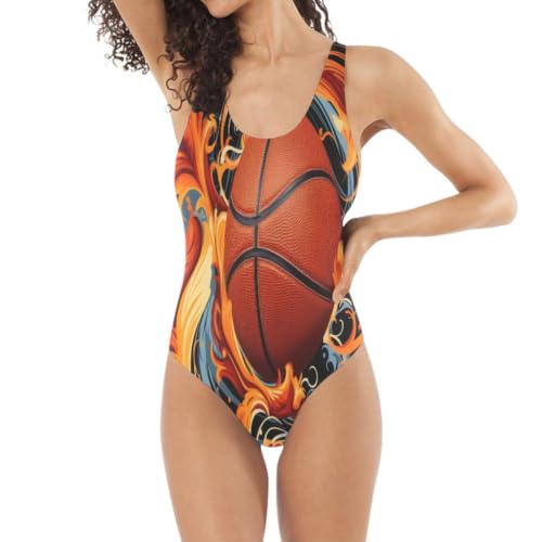 Maillot de bain 1 pièce orange pour femme avec motif feu de basket-ball
