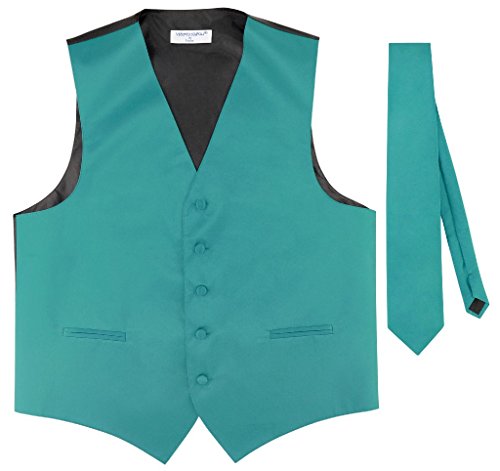 Men's Dress Vest & NeckTie Solid TEAL Color Neck Tie Set for Suit or Tuxedo