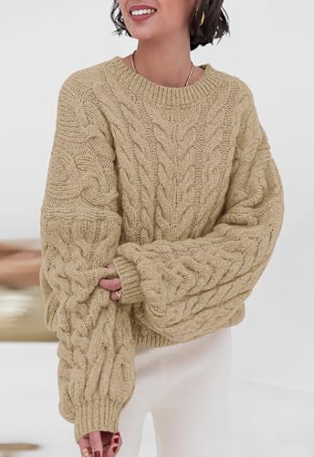 Image of PRETTYGARDEN Womens Sweaters Spring 2026 Cable Knit Long Sleeve Crewneck Oversized Sweater Chunky Pullover Loose Outfits