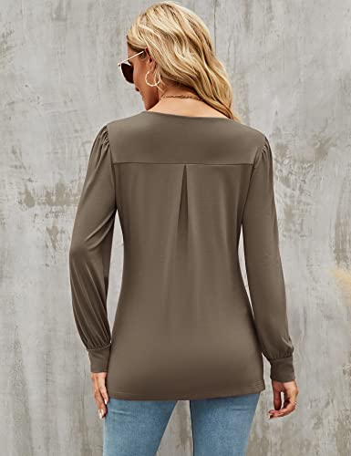 Ivicoer Women 2022 Fall Fashion Long Sleeve Blouse Business Casucal Tops Dressy Round Neck Tunic Pleated Tshirts(Khaki, M) #TOP4