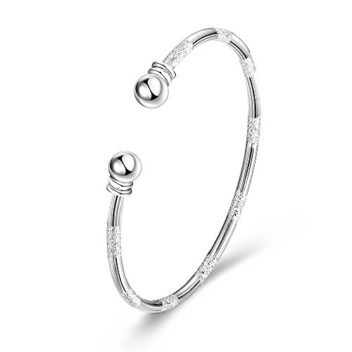 QIAOYING 925 Sterling Silver Bangle Bracelet, Fashion Simple Open Bangles Two Bead Cuff Jewelry Women