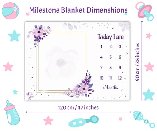 Image of Baby Monthly Milestone Blanket | 1-12 Months | Soft All-Season AC Blanket | Ideal for Newborn Boys & Girls | Perfect Growth Tracker & Photoshoot Prop with Purple Floral | 120x90 cm