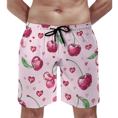 Mens Swim Trunks Cherry and Heart Shape Swim Shorts Quick Dry Beach Shorts with Mesh Liner and Pocket