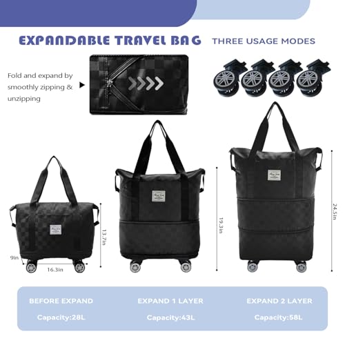Rolling Duffle Bag with Wheels, 28-58L Expandable Foldable Travel Bag, Lightweight Carry-On Bag for Gym, Camping, Weekend Trips, Business Travel, Weekend Bag for Women & Men(Black)3