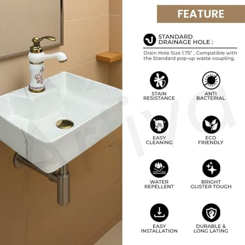 Image of Artiva Ceramic Wall Mounted Bathroom Basin /Designer Table Top Sink For Bathroom /Wall Hung Washbasin /Wash Basin For Cabinet, Countertop, Vanity (Lina White 16 x 12 x 5 Inch)
