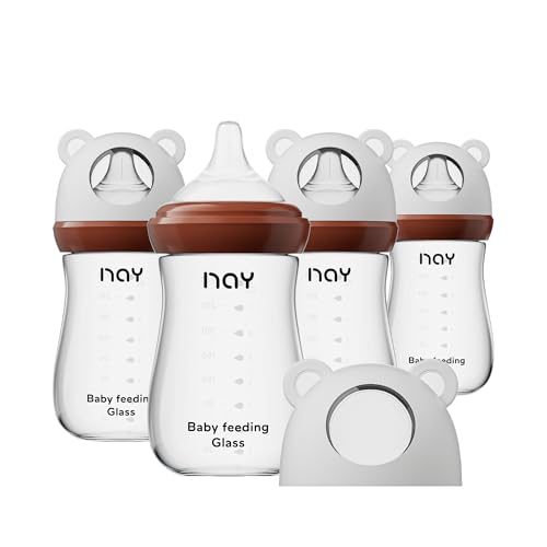 Image of yanyoyo Natural Glass Baby Bottle for Breastfeeding Babies, 8oz Anti-Colic Baby Bottle with Natural Response Nipple(M), Clear, Wide Neck, 4 Pack, 3 Months+