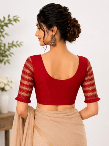 Image of SFT Round Neck Cotton Lycra Stretchable Laced Elbow Sleeves Readymade Saree Blouse for Women Stylish (Shibani