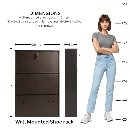 Image of 3 Door Wall Mounted Metal Shoe Rack Cabinet with Lock | Space Saving Shoe Storage Cabinet for Home, Entryway & Balcony | Dustproof Ventilated Shoe Organizer | Brown | 39 x 26 x 6 in