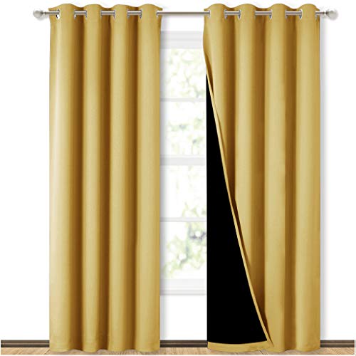 Image of NICETOWN 100% Blackout Window Curtain Panels, Heat and Cold Blocking Drapes with Black Liner for Nursery, 84 inches Drop Thermal Insulated Draperies (Yellow, 2 Pieces, 52 inches Wide Each Panel)