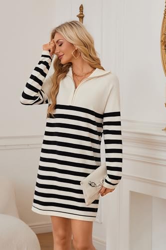 Image of Newshows Women's Winter Sweater Dress 2025 Striped Long Sleeve Lapel Collar Chunky Knit Slouchy Oversized Fall Sweaters