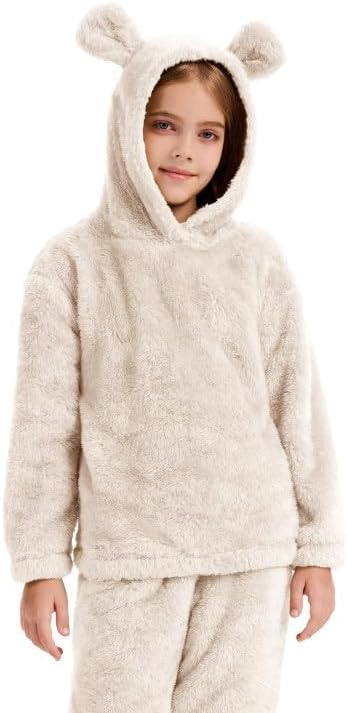 Flygo Girls Fuzzy Pants Set Crop Hoodie Bear Ear Two Piece Outfits Fluffy Sweatshirt and Fleece Pants Sweatsuit - Image 5