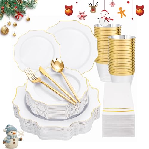 WDF 175Pcs Gold Plates Disposable - White and Gold Plastic Plates 25guest Plastic Dinnerware Ideal for Party/Wedding/Banquets/Thanksgiving/Christmas WDF 175Pcs Gold Plates Disposable - White and Gold Plastic Plates 25guest Plastic Dinnerware Ideal for Party/Wedding/Banquets/Thanksgiving/Christmas