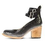 Mary Jane Shoes Womens Leather Ankle Strap High Heel Pumps Vintage Style Block Heel with Adjustable Buckles Round Toe Back Zipper Pumps for Women Black Crocodile 7.5