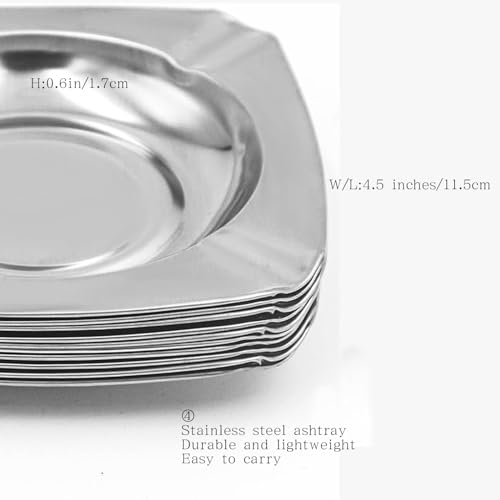 Aschenbecher aus Edelstahl für Raucher, Terrasse und Partys, quadratisch, silberfarben, 11,4 x 11,4 x 1,5 cm, 10 Stück