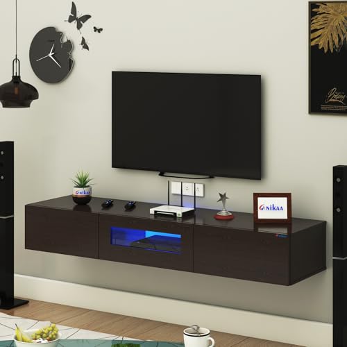 Image of Anikaa Lucen Wall Mount Modern Floating TV Unit for Living Room | 3 Closed Storage cabinets with hinged Door - Blue Color LED Light | Ideal for UP to 65 Inch TV (Wenge Finish - DIY Installation)