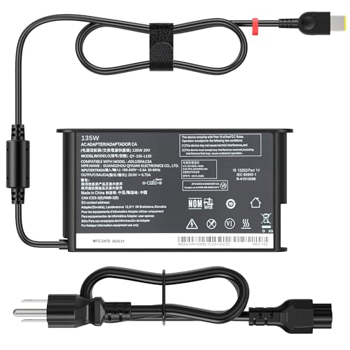 Image of 135W Laptop Charger Compatible with Lenovo IdeaPad Gaming 3 15ACH6 15ARH7 16IAH7 ThinkPad P15v P16v T15p Gen 1 2 3 ThinkBook 15p, 20V 6.75A Yellow Square Slim Tip AC Power Adapter Cord