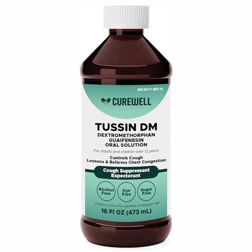 CUREWELL Tussin DM Cough Medicine, 16 fl oz | Dextromethorphan Cough Suppressant & Guaifenesin Expectorant | Alcohol-Free, Dye-Free | Chest Congestion & Mucus Relief | Non-Drowsy DM Cough Syrup