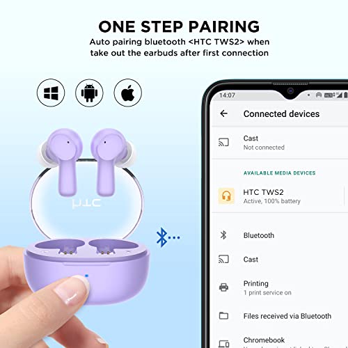 Image of HTC True Wireless Earbuds 1 Bluetooth 5.3 Earphones, in-Ear Headphone ENC Noise Cancellation with Transparent Charging Case, 32-Hour Playtime /Built-in Mic /Touch Control -Crystal Purple