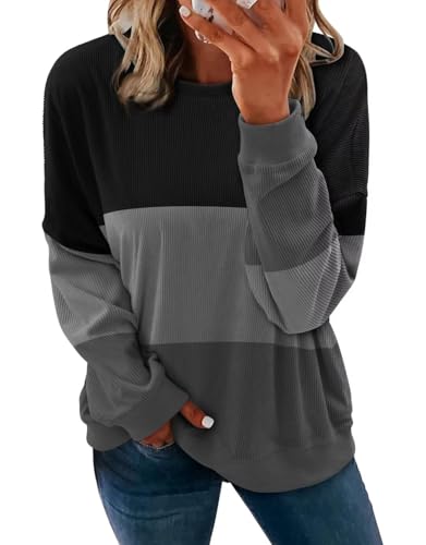 KISSMODA Women's Casual Long Sleeve Sweatshirt Color Block/Solid Crewneck Corduroy Pullover Cute Tops