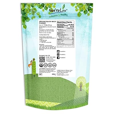 Food to Live Organic Black Maca Powder, 1 Pound Raw Ground, Non-GMO, Kosher, Fine Flour, Bulk