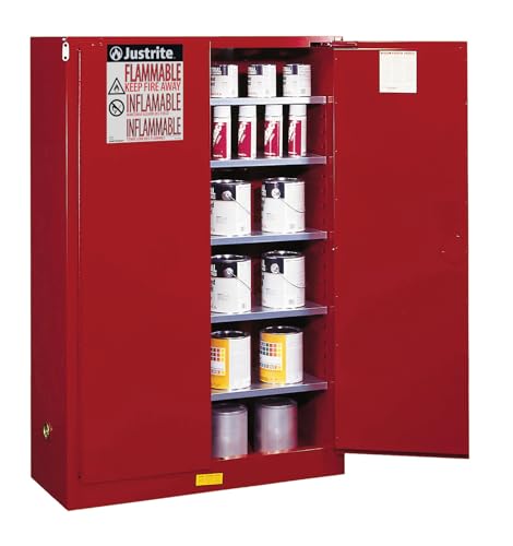 Image of Justrite 60 Gallon Manual Close Paint and Ink Safety Cabinet, 18 Gauge Steel, 5 Shelves, 65 inch x 43 inch x 18 inch, 2 Door Combustibles Cabinet, Red, 894511