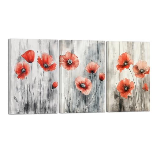 3 Pieces Red Flower Wall Art Floral Pictures for Bathroom