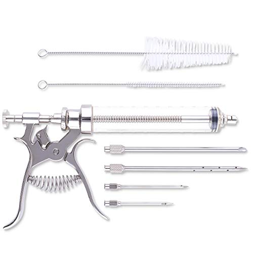 J&B Goods Professional Automatic BBQ Meat Marinade Injector Gun Kit with Case, 2 oz Large Capacity Barrel and 4 Commercial Grade Marinade Needles.