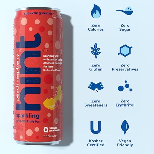 Hint Sparkling Water, Peach Raspberry - Canned Flavored Water Beverages with Electrolytes, Zero Calories, and Sugar Free - 12 Fl Oz Cans (Pack of 12)