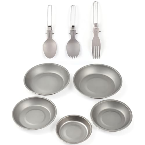 Aomiun Titanium Camping Plate Set of 8, Ultralight Durable Titanium Dish Plate with Folding Forks Spoons, Portable Round Dinner Plates Outdoor Camping Pan Tableware Utensils for BBQ Hiking Picnic