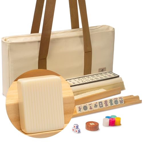 Yellow Mountain Imports American Mahjong Set, "Ivory Stripes” - 166 Tiles with Beige Soft Case, Wooden Racks with Pushers, Scoring Coins, Dice, & Wind Indicator by Yellow Mountain Imports - Used condition - US$167.19